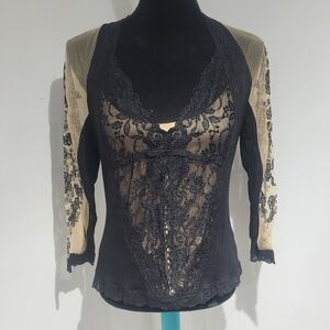 Linea Domani Women's Lace Top Size XL Black Cream Whimsigoth Fairycore Floral